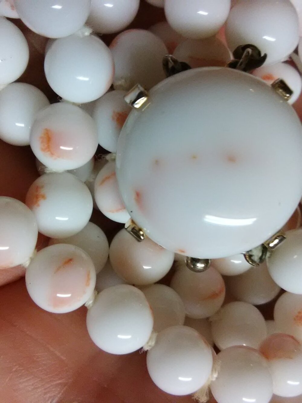 Castlecliff milk glass two strand necklace - white beads w/ pink / blush spots - Picture 11 of 14